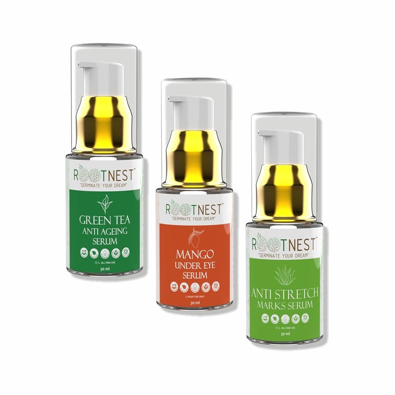 Rootnest Skin care kit with Mango Under Eye Serum Green Tea Anti Ageing Serum for face Anti Stretch Marks Serum 30ml - Image 1