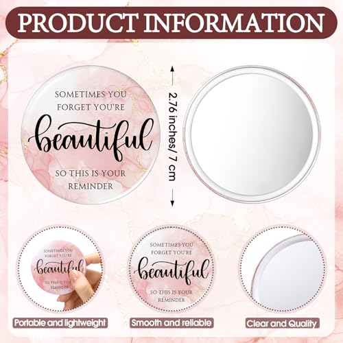 Cinnvoice 25 Sets Pink Mirror Gifts for Women Inspirational Mini Compact Mirror Bulk Small Round Pocket Makeup Graduation Gifts for Teacher Nurse Team Students Coworker Beautiful - Image 3