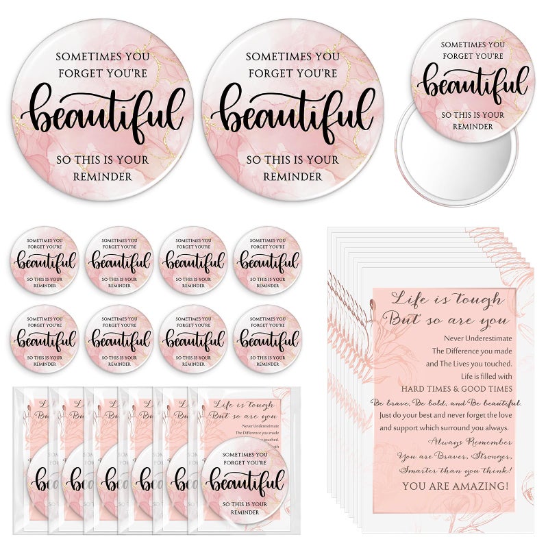 Cinnvoice 25 Sets Pink Mirror Gifts for Women Inspirational Mini Compact Mirror Bulk Small Round Pocket Makeup Graduation Gifts for Teacher Nurse Team Students Coworker Beautiful - Image 2