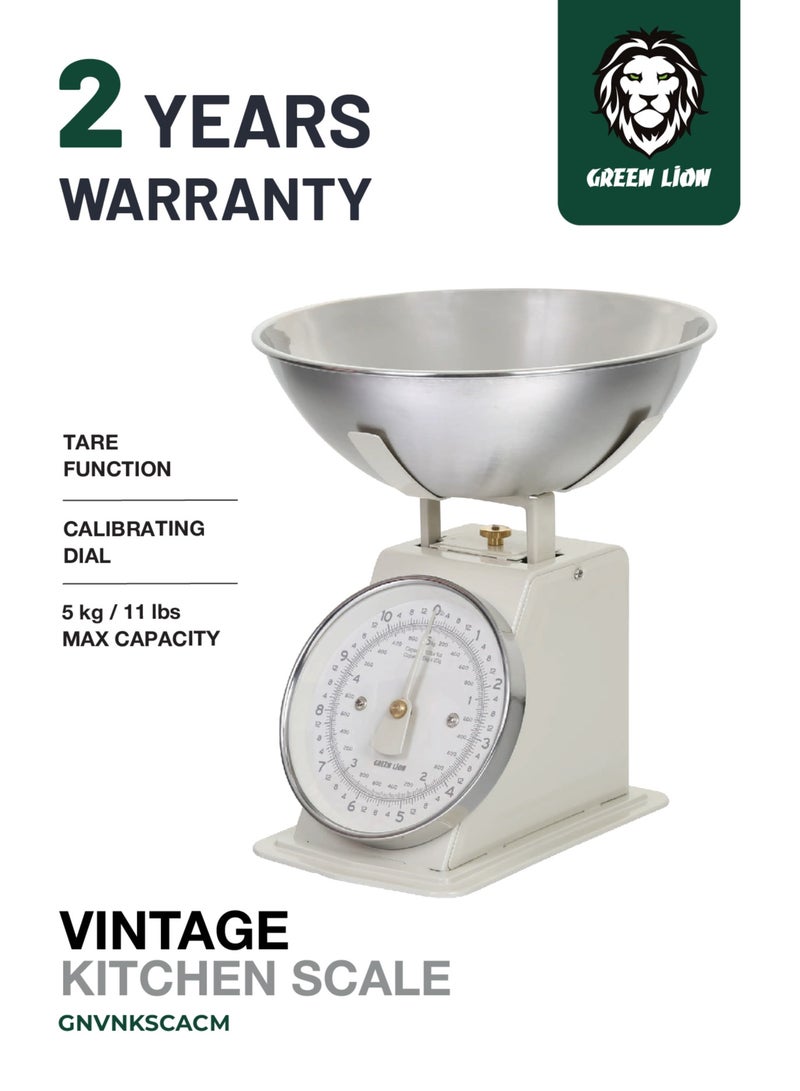 GREEN LION Vintage Kitchen Scale with Analog Display & Tare Function / 5 Kg Max Capacity / Easy to Read Dial / Dish Washer Safe Bowl / Calibrating Dial / Stainless Steel Bowl - Cream - Image 1