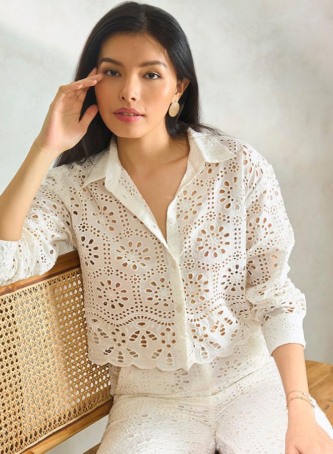 VIRGIO 100% Cotton White Boxy Shirt With Scallop Hem - Image 2
