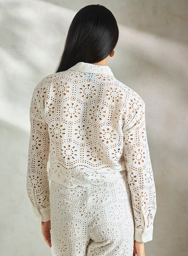 VIRGIO 100% Cotton White Boxy Shirt With Scallop Hem - Image 4