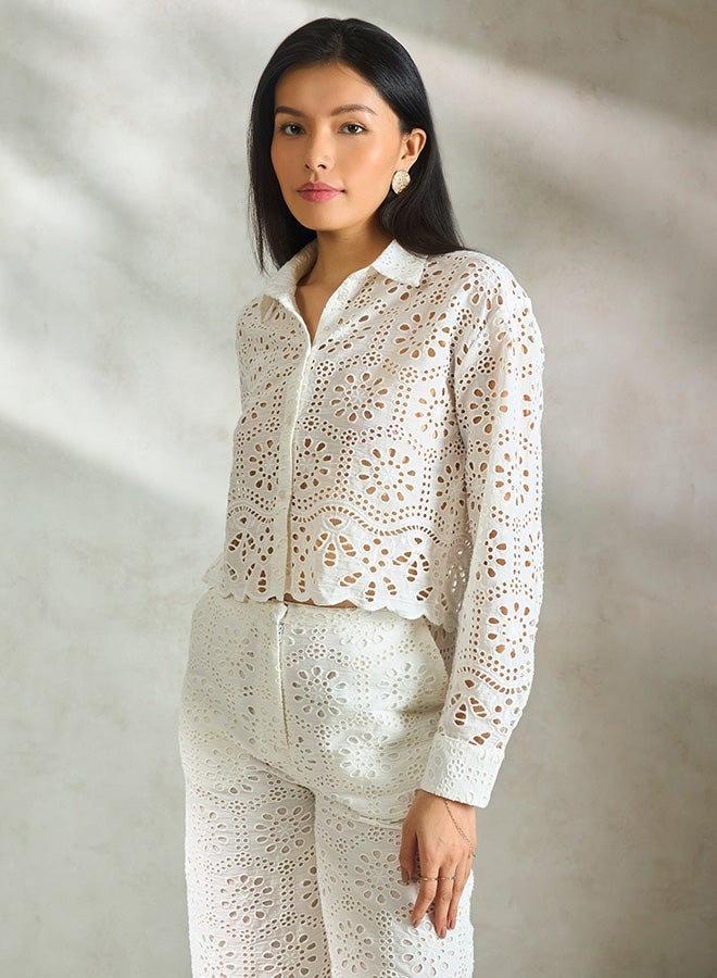 VIRGIO 100% Cotton White Boxy Shirt With Scallop Hem - Image 1