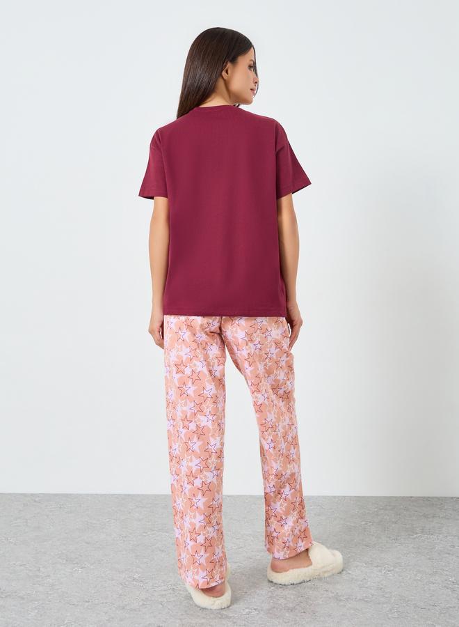 Styli Solid Cotton T-Shirt and Star Print Pyjama Set - Image 5