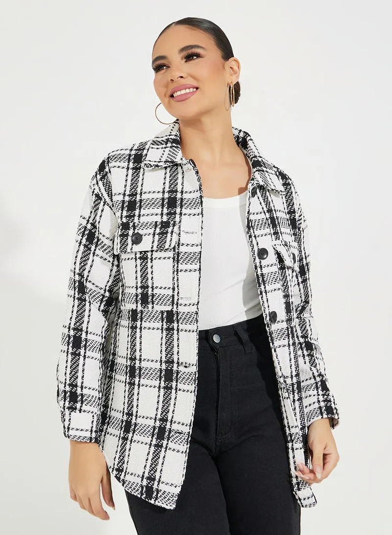 ستايلي شاكيت فضفاض مطبع بمربعات مع جيوب