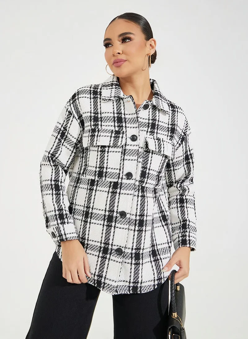 ستايلي شاكيت فضفاض مطبع بمربعات مع جيوب