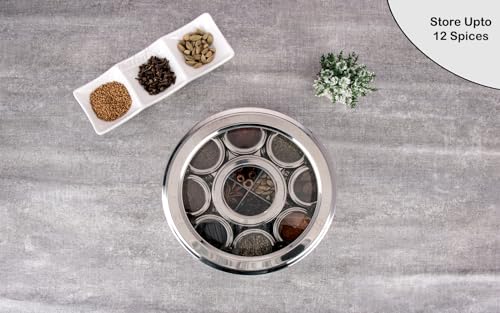 NATULIX Stainless Steel 12 IN 1 Masala Box for Kitchen | Spice Box for Kitchen | Masala Container | Masala Dabba with individual See through lid 4 Spoons | Silver (2.5 Ltr | X-Large | 22.5cm) - Image 4