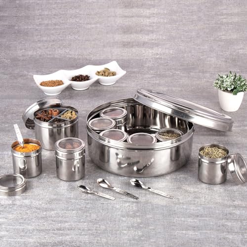 NATULIX Stainless Steel 12 IN 1 Masala Box for Kitchen | Spice Box for Kitchen | Masala Container | Masala Dabba with individual See through lid 4 Spoons | Silver (2.5 Ltr | X-Large | 22.5cm) - Image 2