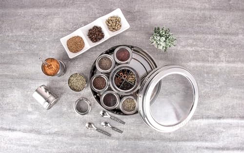 NATULIX Stainless Steel 12 IN 1 Masala Box for Kitchen | Spice Box for Kitchen | Masala Container | Masala Dabba with individual See through lid 4 Spoons | Silver (2.5 Ltr | X-Large | 22.5cm) - Image 3