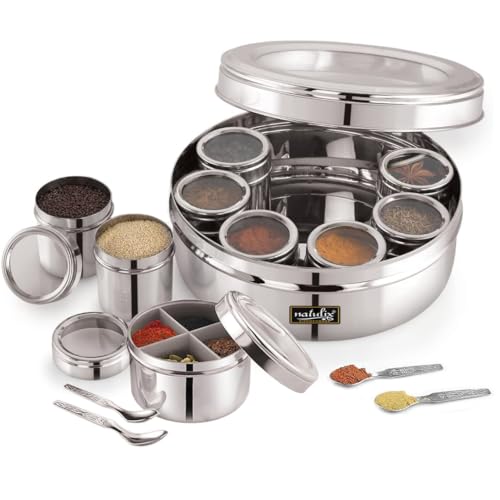 NATULIX Stainless Steel 12 IN 1 Masala Box for Kitchen | Spice Box for Kitchen | Masala Container | Masala Dabba with individual See through lid 4 Spoons | Silver (2.5 Ltr | X-Large | 22.5cm) - Image 1