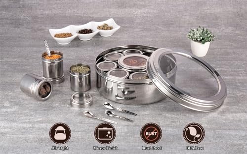 NATULIX Stainless Steel 12 IN 1 Masala Box for Kitchen | Spice Box for Kitchen | Masala Container | Masala Dabba with individual See through lid 4 Spoons | Silver (2.5 Ltr | X-Large | 22.5cm) - Image 5