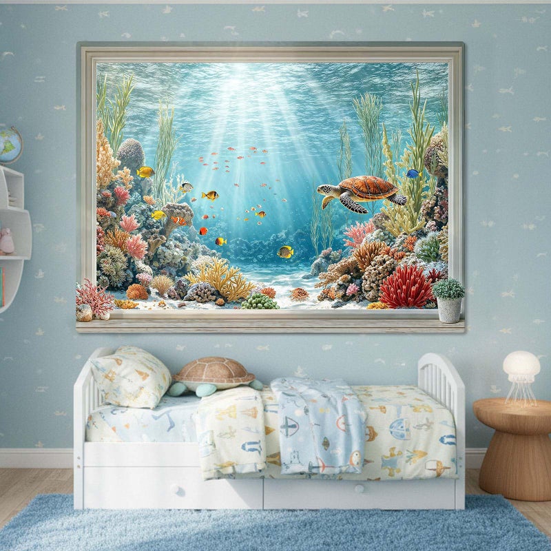 Lifeella Under the Sea Window Tapestry, Coastal Turtle Ocean Mural, Nautical Wall Backdrop for Bedroom Dorm Living Room Decor, 36x48 inches - Image 2