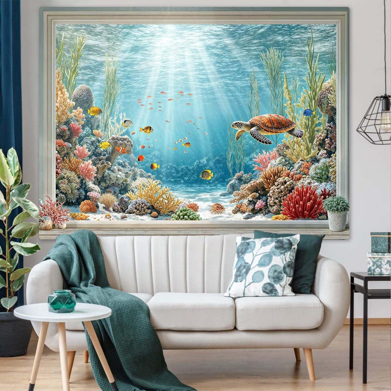 Lifeella Under the Sea Window Tapestry, Coastal Turtle Ocean Mural, Nautical Wall Backdrop for Bedroom Dorm Living Room Decor, 36x48 inches - Image 3