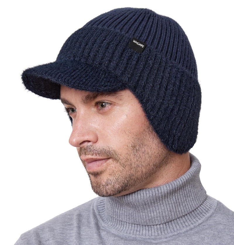 Wmcaps قبعة شتوية من Wmcaps بحافة وأغطية للأذنين، قبعة محبوكة دافئة مبطنة بالفرو للرجال والنساء، قبعة حرارية خارجية، لون كحلي، مقاس واحد - Image 1