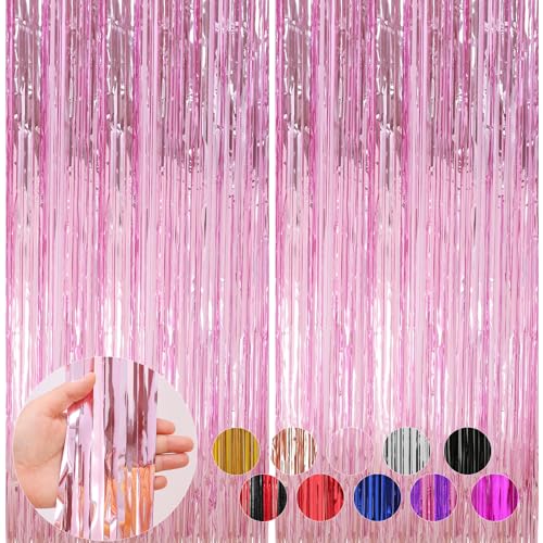 Profasion 2 Pack Pink Foil Fringe Curtains Streamers Party Decorations 3.3 x 8.2 ft, Pink Tinsel Curtain Fringe Backdrop for Parties, Door Fringe Birthday Streamers, Barbie Backdrop Birthday Party Decorations - Image 1