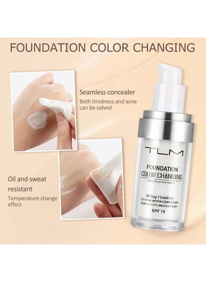 Ucanbe 2pcs TLM Color Changing Foundation Liquid with 2 Brushes and 2 Cosmetics Sponge Flawless Full Coverage Natural Color Face Primer Base Makeup 30ml - Image 4
