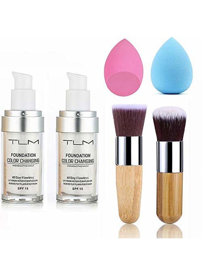 Ucanbe 2pcs TLM Color Changing Foundation Liquid with 2 Brushes and 2 Cosmetics Sponge Flawless Full Coverage Natural Color Face Primer Base Makeup 30ml - Image 1
