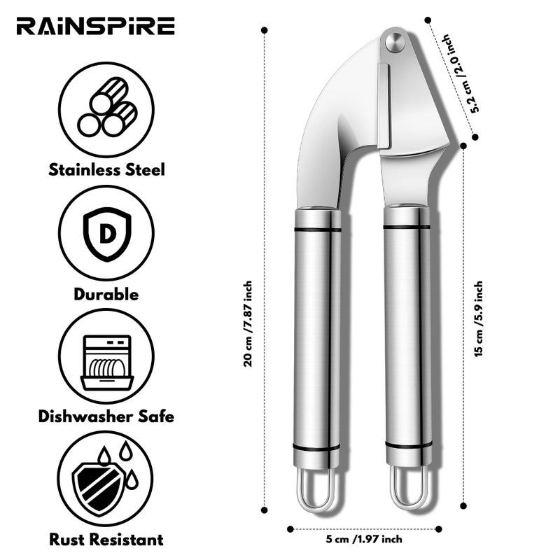 Rainspire Rainspire Premium Garlic Press Stainless Steel, Garlic Mincer Tool, Garlic Crusher Tool, Garlic Smasher Garlic Masher Includes Silicone Garlic Peeler & Cleaning Brush, Dishwasher Safe, Silver  - Image 2