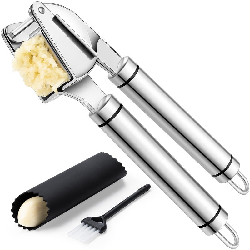 Rainspire Rainspire Premium Garlic Press Stainless Steel, Garlic Mincer Tool, Garlic Crusher Tool, Garlic Smasher Garlic Masher Includes Silicone Garlic Peeler & Cleaning Brush, Dishwasher Safe, Silver  - Image 1