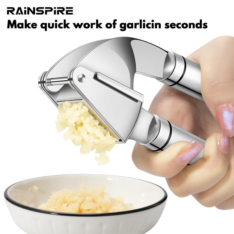 Rainspire Rainspire Premium Garlic Press Stainless Steel, Garlic Mincer Tool, Garlic Crusher Tool, Garlic Smasher Garlic Masher Includes Silicone Garlic Peeler & Cleaning Brush, Dishwasher Safe, Silver  - Image 3