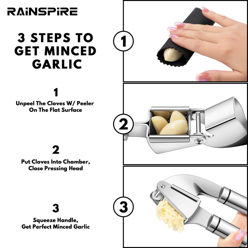 Rainspire Rainspire Premium Garlic Press Stainless Steel, Garlic Mincer Tool, Garlic Crusher Tool, Garlic Smasher Garlic Masher Includes Silicone Garlic Peeler & Cleaning Brush, Dishwasher Safe, Silver  - Image 5