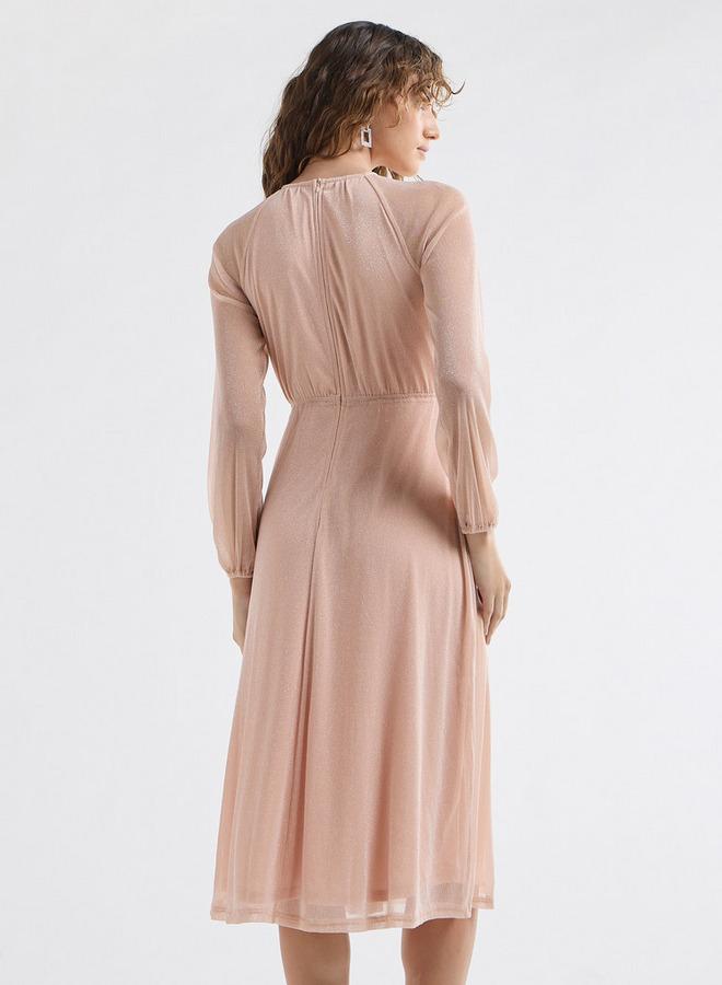 سبلاش فيڤ فستان إيه لاين بارز الملمس بأكمام طويلة وياقة بفتحة - Image 3