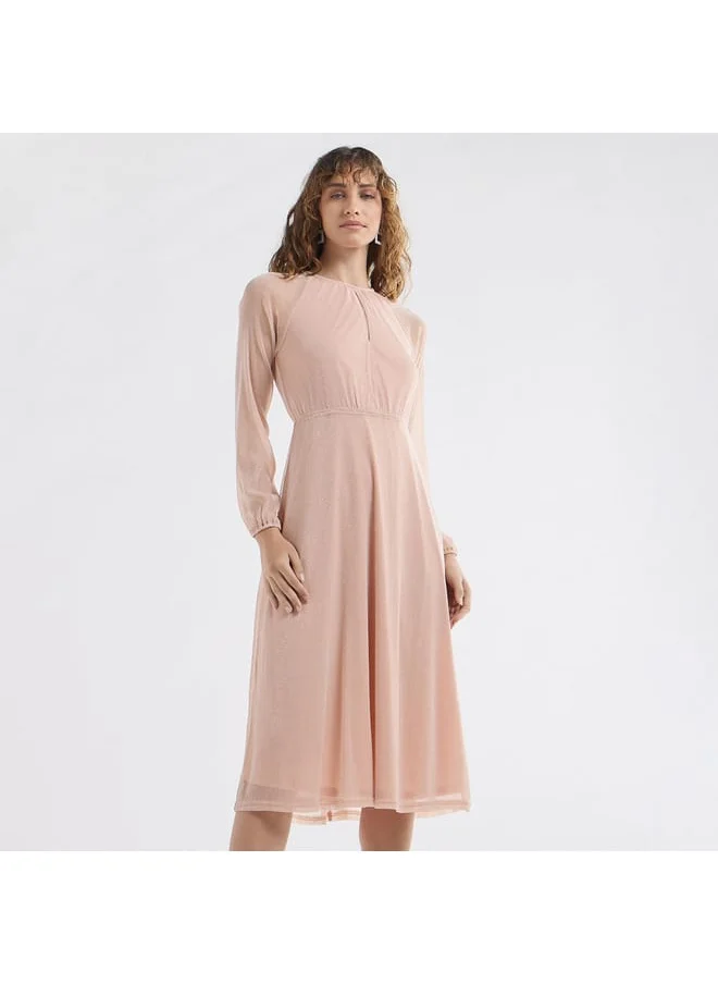 FAV Textured A-line Dress with Keyhole Neck and Long Sleeves