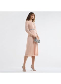 FAV Textured A-line Dress with Keyhole Neck and Long Sleeves  - Image 2