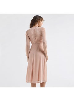 FAV Textured A-line Dress with Keyhole Neck and Long Sleeves  - Image 3