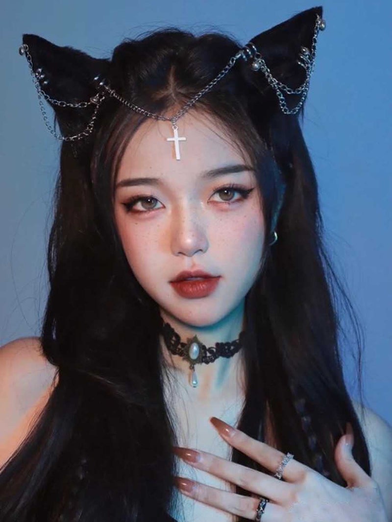 VIGVAN Handmade Wolf Fox Ears Animal Cosplay Cute Head Accessories for Halloween (Chain Black) - Image 3