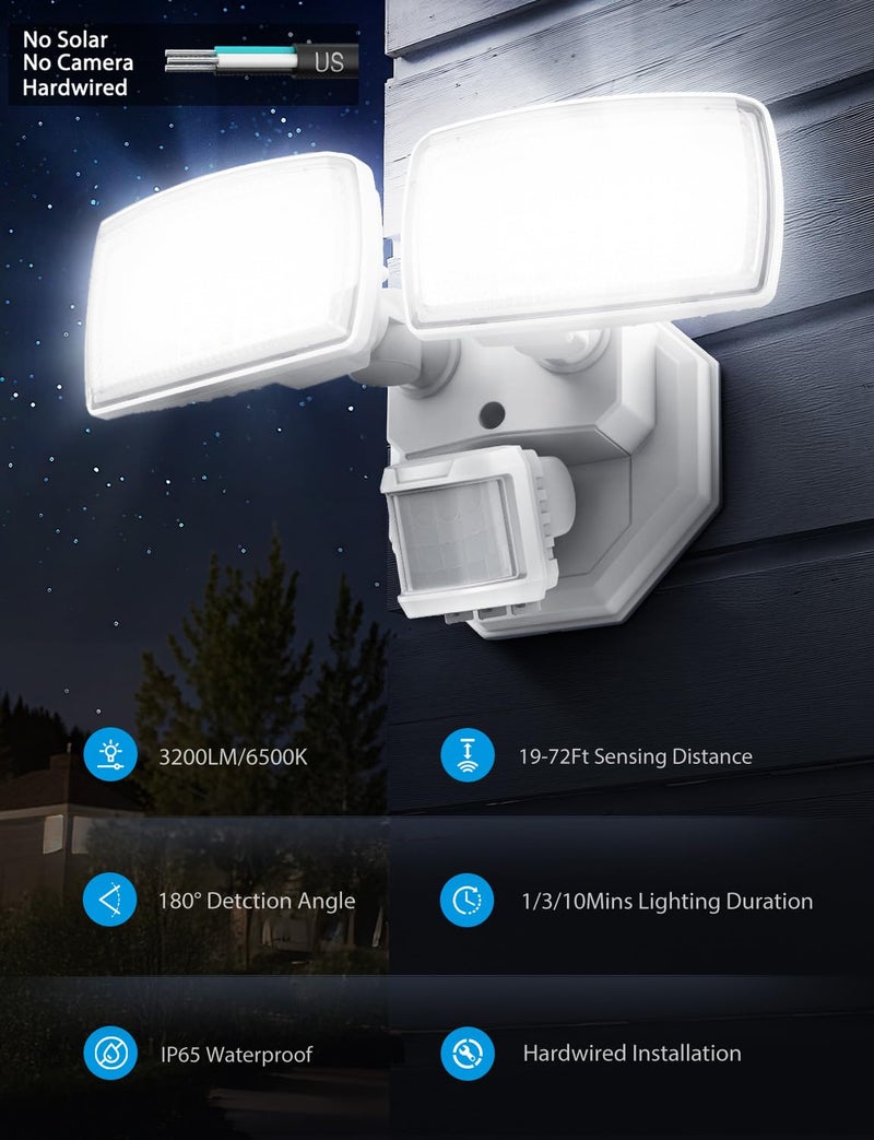 Onforu 32W 2 Head Motion Sensor Outdoor Lights, 3200LM 6500K LED Security Light Hardwired, Dusk to Dawn, Motion Detector Light for Outside, IP65 Waterproof Flood Lights for Garage, Yard(White) - Image 3