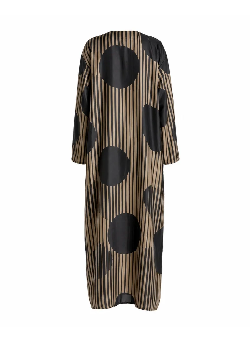 Amnad International Monochrome Eclipse Silk Abaya with Matching Chiffon Hijab | Taupe & Black Abstract Stripe Print, Sizes 52-60 inches
