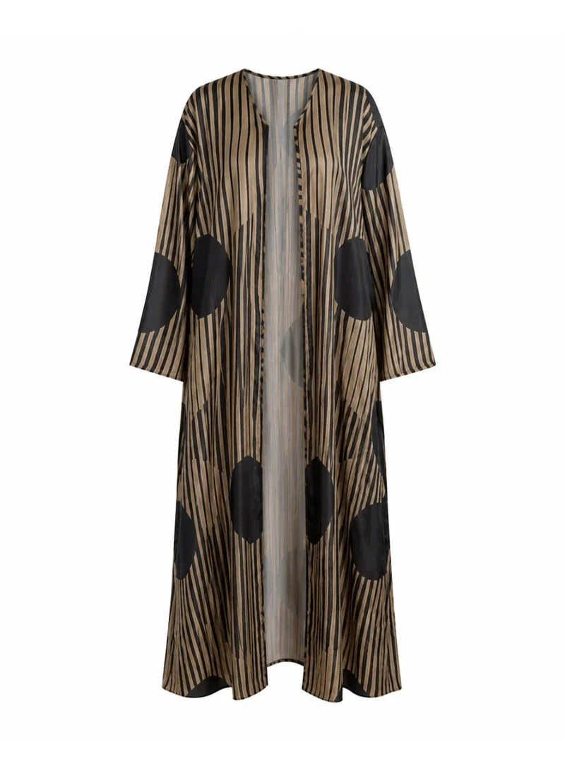 Amnad International Monochrome Eclipse Silk Abaya with Matching Chiffon Hijab | Taupe & Black Abstract Stripe Print, Sizes 52-60 inches