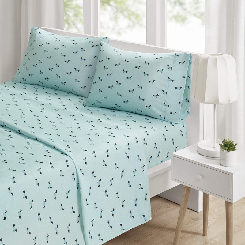 Intelligent Design Microfiber Cozy Bed Sheet Set, Modern All Season Bedding & Pillowcases, Premium 14" Elastic Pocket Fits up to 16" Mattress, Full Aqua Dogs 4 Piece - Image 1