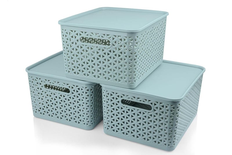 JD JD Plastic Storage Baskets Durable Easy to Use Flexible MultiPurpose Ideal for Closets Cabinets Shelves Countertops BLUE GREEN WITH LID 3  - Image 1