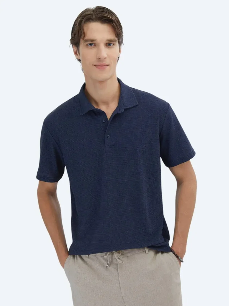 Kip Navy Blue Patterned Polo Neck T-Shirt