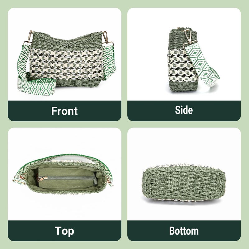 Herald Small Summer Crossbody Bags for Women, Beach Handmade Straw Woven Pocketbooks Handbag Shoulder Purse (Green with Silvery Thread) - Image 5