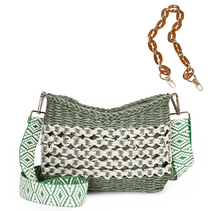 Herald Small Summer Crossbody Bags for Women, Beach Handmade Straw Woven Pocketbooks Handbag Shoulder Purse (Green with Silvery Thread) - Image 1