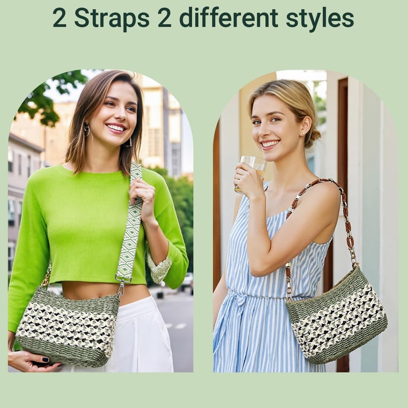 Herald Small Summer Crossbody Bags for Women, Beach Handmade Straw Woven Pocketbooks Handbag Shoulder Purse (Green with Silvery Thread) - Image 4