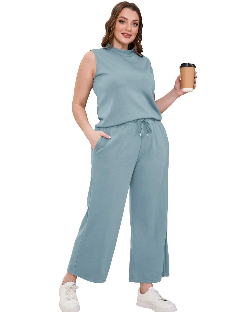 Sampeel 2 Piece Set for Women Summer Outfits Vacation Trendy Lounge Sets Mock Neck Matching Sets Women Clothing Wide Leg Crop Pants Set Travel Airport Sweat Set - Image 4
