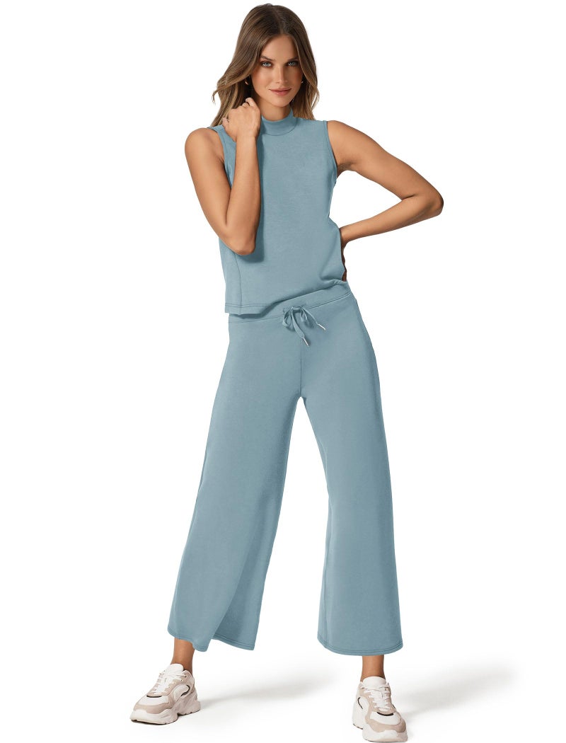 Sampeel 2 Piece Set for Women Summer Outfits Vacation Trendy Lounge Sets Mock Neck Matching Sets Women Clothing Wide Leg Crop Pants Set Travel Airport Sweat Set - Image 2