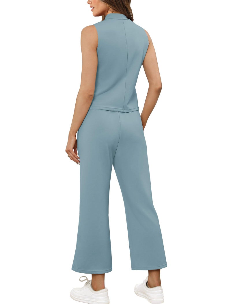 Sampeel 2 Piece Set for Women Summer Outfits Vacation Trendy Lounge Sets Mock Neck Matching Sets Women Clothing Wide Leg Crop Pants Set Travel Airport Sweat Set - Image 5