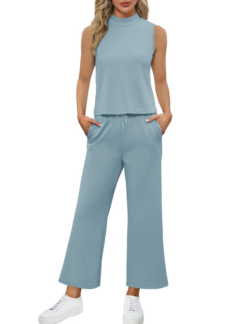 Sampeel 2 Piece Set for Women Summer Outfits Vacation Trendy Lounge Sets Mock Neck Matching Sets Women Clothing Wide Leg Crop Pants Set Travel Airport Sweat Set - Image 3