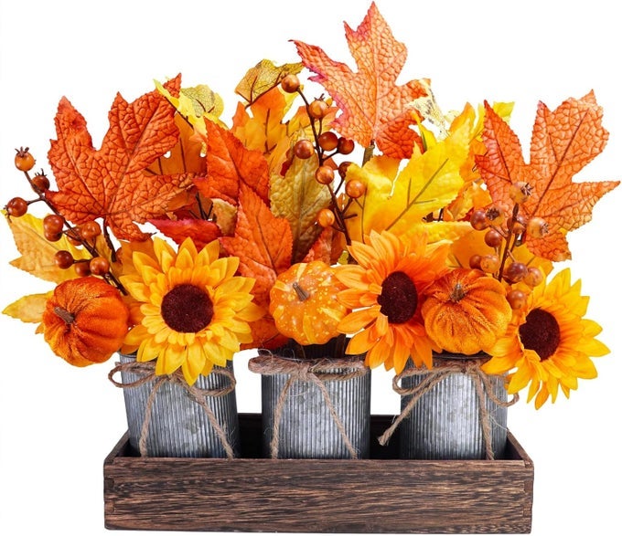 SET OF 3 SMALL POTTED MAPLE ARRANGEMENT ARTIFICIAL MAPLE LEAF BRANCHES FAUX FALL PICKS AND SPRAYS IN RUSTIC GALVANIZED METAL POTS WITH DECORATIVE WOOD TRAY
