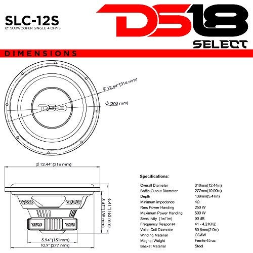 DS18 SLC12S Car Subwoofer Audio Speaker - 12" in. Paper Glass Fiber Cone, Black Steel Basket, Single Voice Coil 4 Ohm Impedance, 500W MAX Power and Foam Surround for Vehicle Stereo Sound System - Image 3