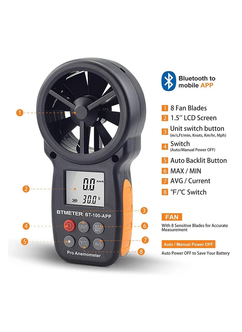 XICEN - Multifunction Anemometer Wireless Bluetooth Digital Handheld Wind Speed Meter for Wind Chill Air Velocity Temperature Vane Anemometer Gauge - Image 1
