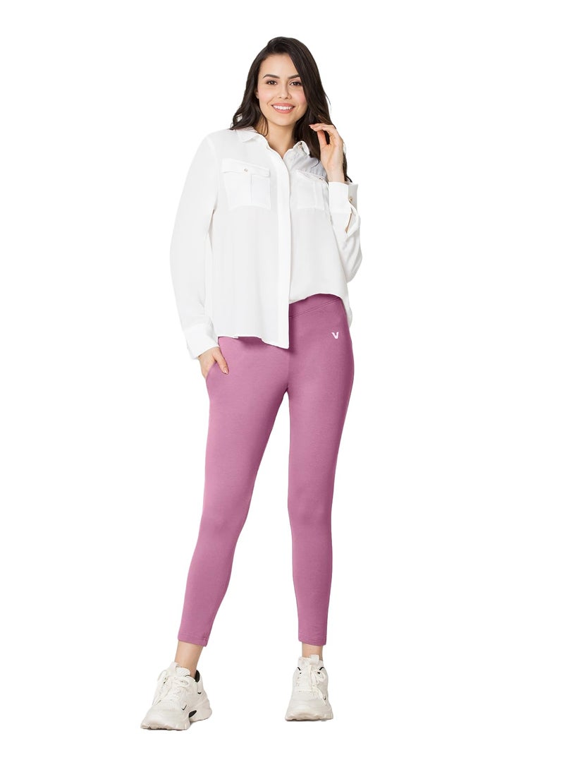 VSTAR PL02 Women Ankle Length Stretchable Slim Fit Leggings with Secured Side Pocket | Moisture-Wicking | Soft Waistband & Cotton-Elastane Fabric | S | Wild Rose - Image 1