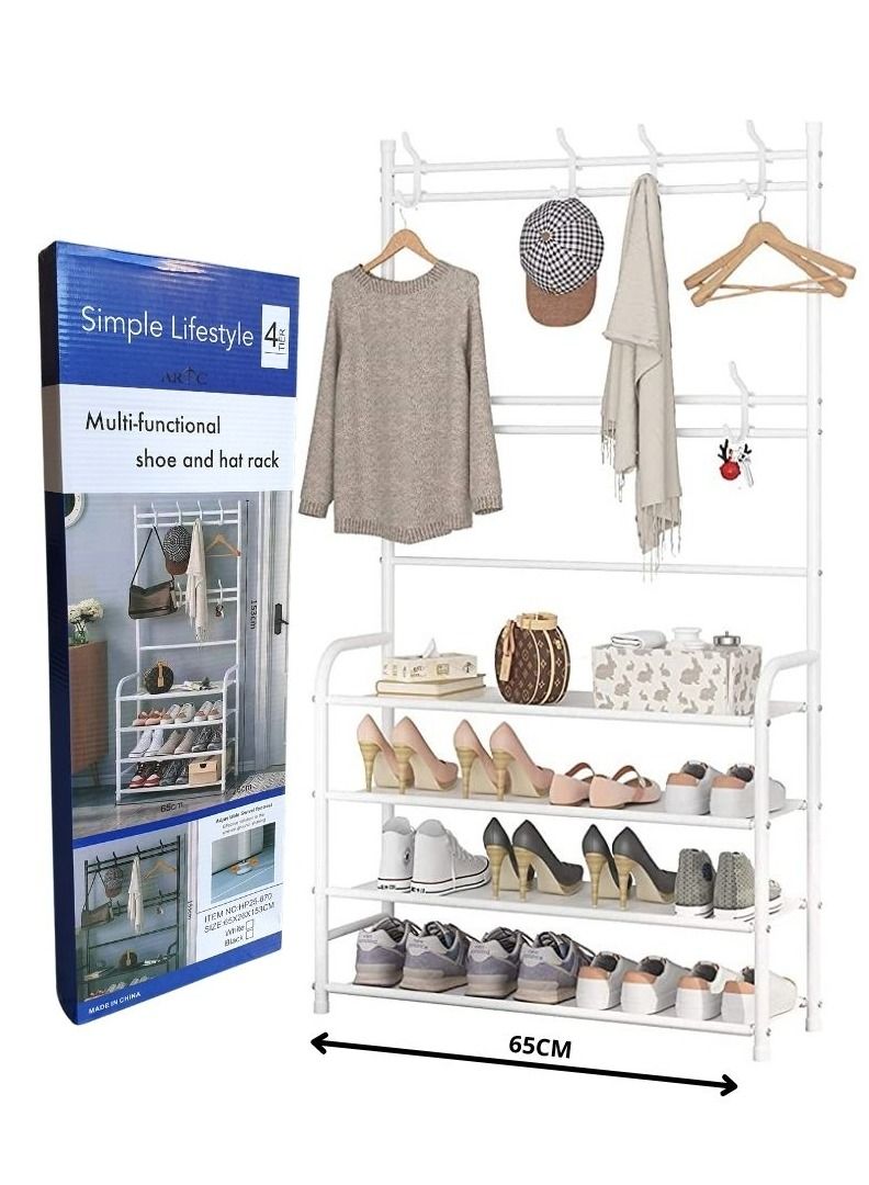 ARTC ARTC Multifunctional 65cm 3 In 1 Entryway Metal Joint Coat Rack 4 Tier Hall Tree Shoe Bench Large Storage Shelfs White