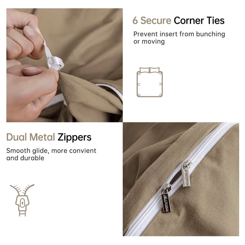 JELLYMONI Khaki Duvet Cover Queen Size - 100% Washed Cotton Linen Like Textured Comforter Cover, 3 Pieces Breathable Soft Bedding Set with Zipper Closure (Khaki, Queen 90"x90") - Image 4