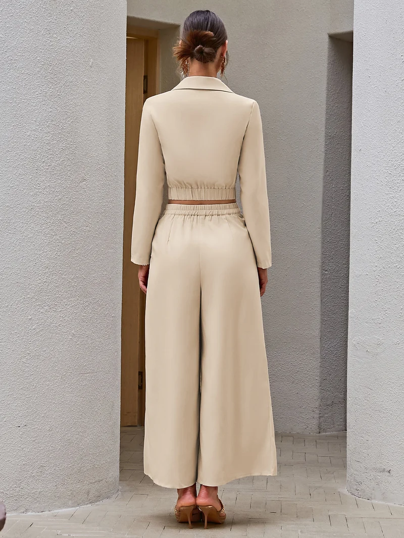 Simplee Two Piece Set Notch Lapel Long Sleeve High Waist Straight Plaid Jacquard Off White Cream Premium Ivory Pearl